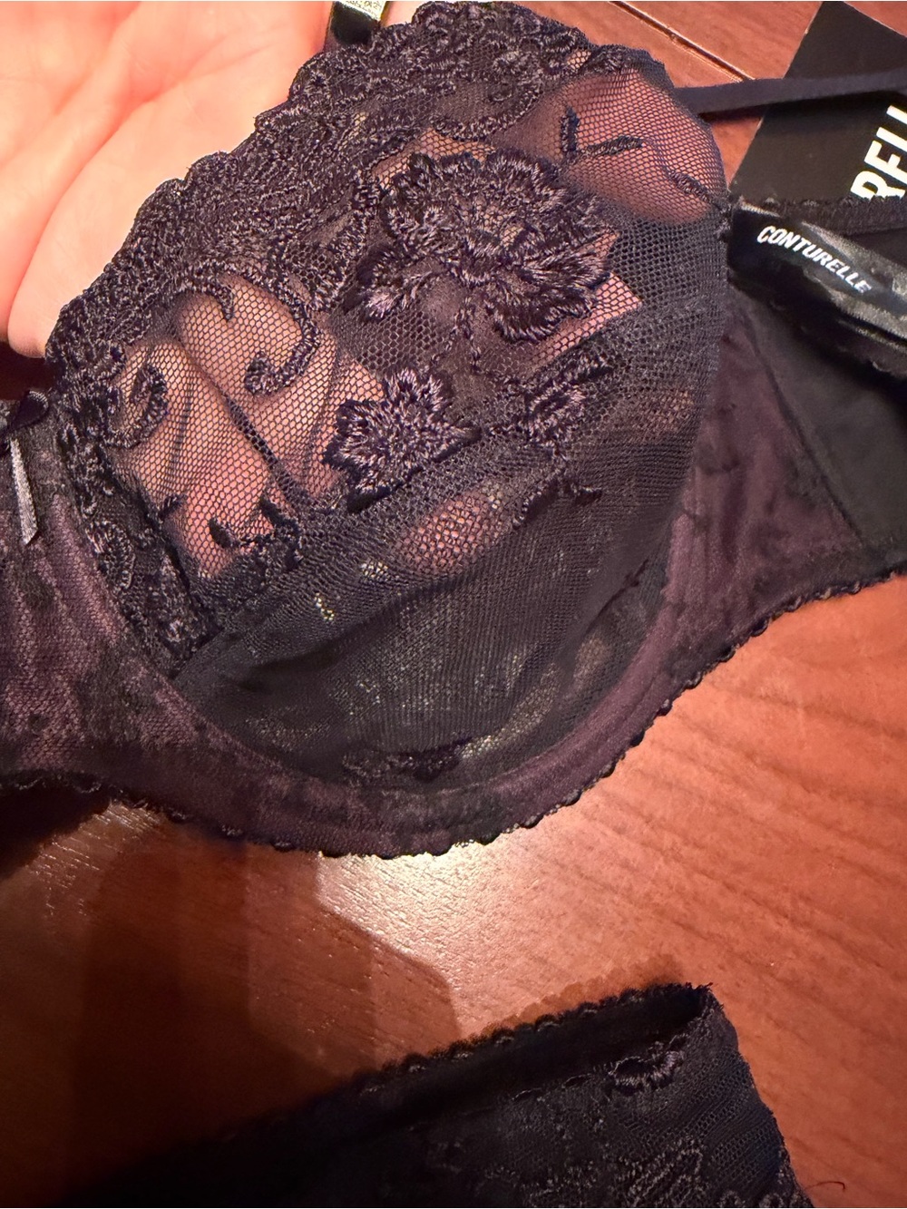 Contourelle Embroidered Sheer Lace Underwire Bra in black with some purple silk